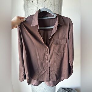 Brown Long Sleeve Button Satin Blouse